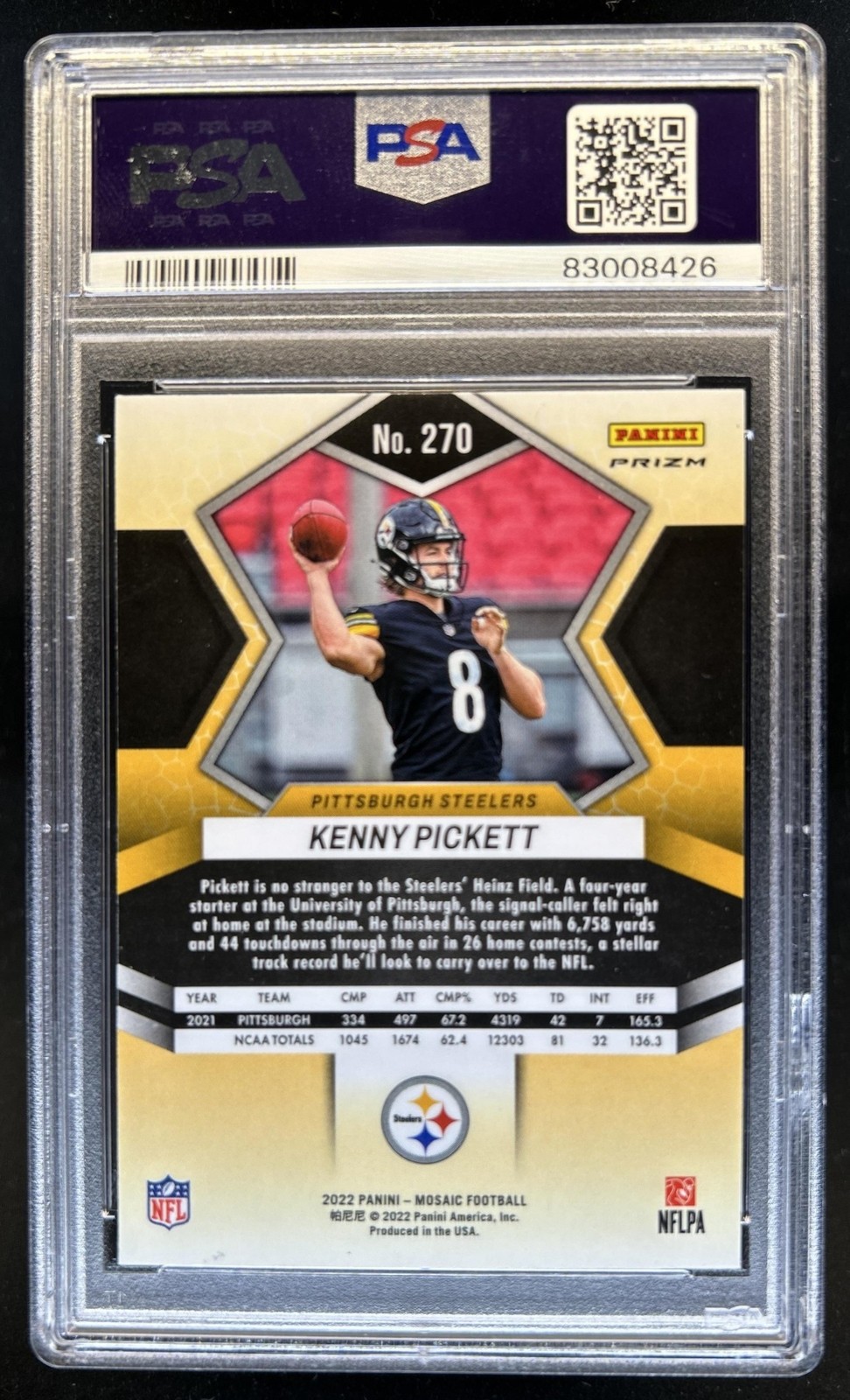 2022 Panini Mosaic Kenny Pickett RC Sparkle Blue SP Rookie NFL Debut #270 PSA 10 view 2