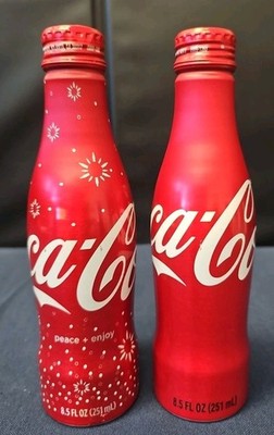 Set of 2 Red Aluminum Coca-Cola Coke Bottle 8.5 fl. oz. 2015 Collectible Filled