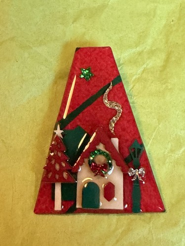 Vintage Lucinda House Pin Christmas Cut Out Design Tree Smoke Chimney-Glittered