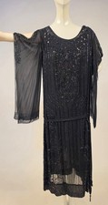 FLAPPER 1920  S BEAD  PAILLETTE SILK CHIFFON DRESS W LONG DRAPE SLEEVES