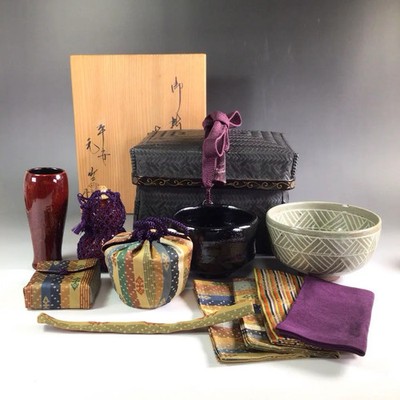 Goshokago Chabako Wooden Storage Basket Box Tea Ceremony Utensils Set Used Japan