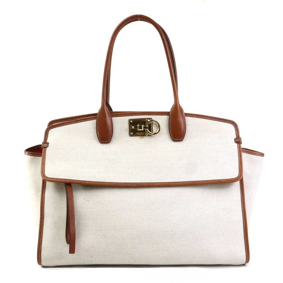 Ferragamo — Auth Salvatore Ferragamo Gancini Handbag Off White/Brown Canvas/Leather - 55976g