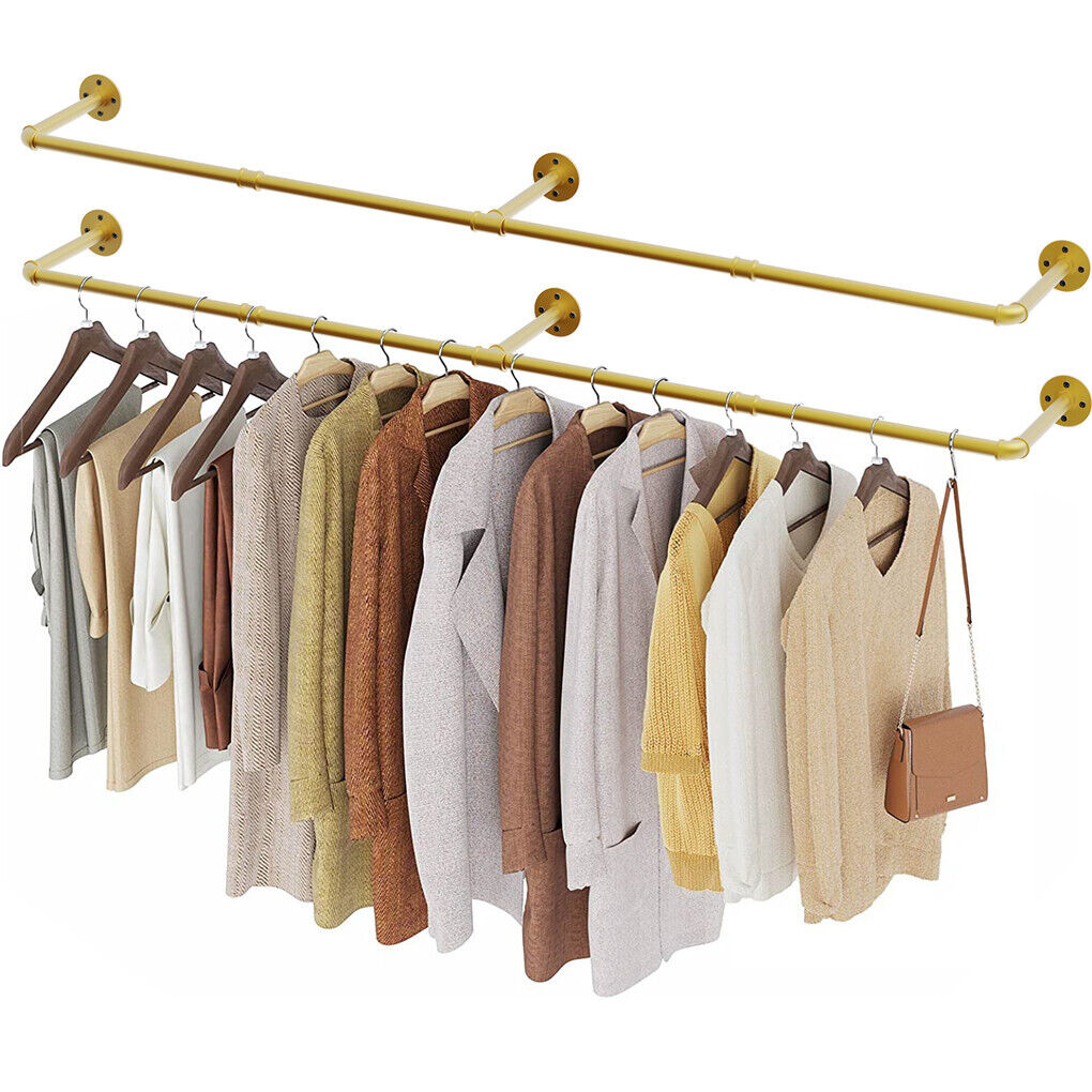 Heavy Duty Clothes Rack Wall Mounted Hanging Garment Rack Gold Metal Closet  Rod