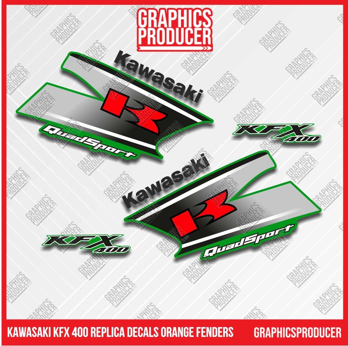 KAWASAKI KFX 400 REPLICA DECALS ORANGE GREEN FENDERS 03-07 Model
