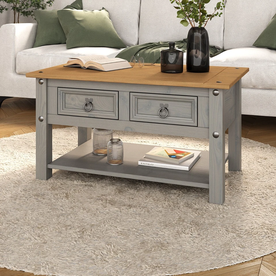 Corona Coffee Table Grey Wax 2 Drawers Solid Mexican Pine Wood Living Room - Image 2 of 4