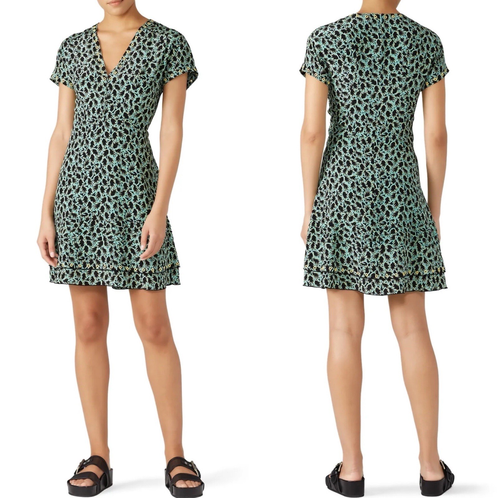 DEREK LAM 10 Crosby Mini Dress Women 8 Green Grommet V-Neck Silk Blend Lined