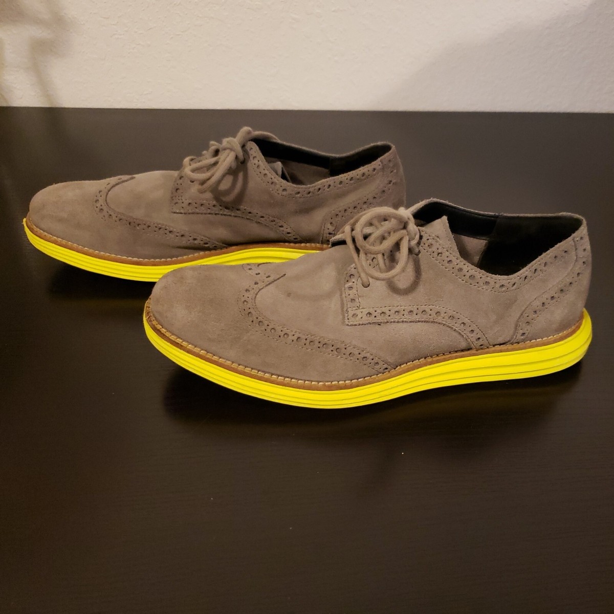 COLE HAAN ~ Gray Suede Yellow Soles Lunargrand Wingtip 