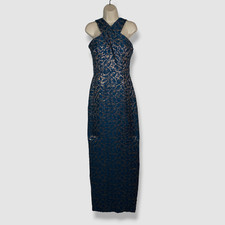 660 Rickie Freeman by Teri Jon Women's Blue Jacquard Crossover Dress Size 4