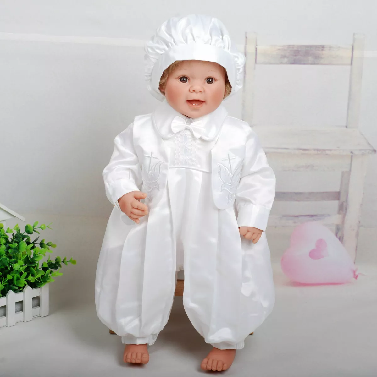 Baby Boys White Satin Christening Gown Three Piece Set 0 3 6 9 12