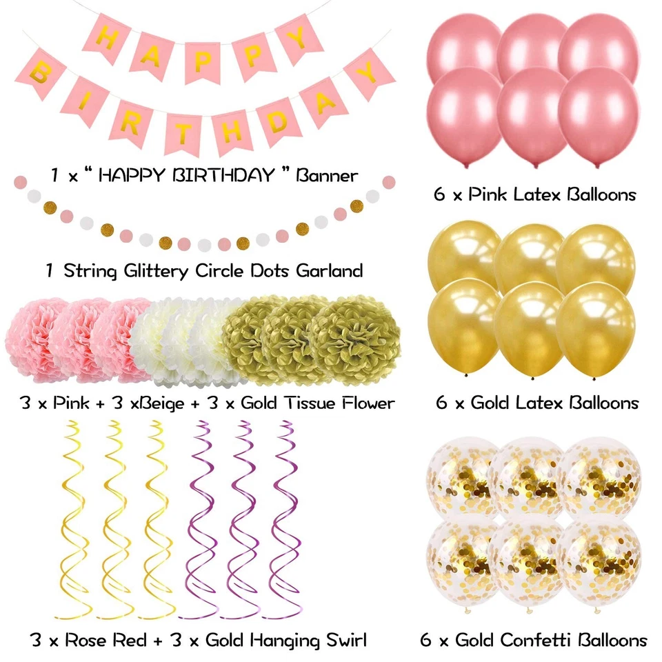 Pink & Gold Birthday Banner Confetti Balloons Dots Garland Pompom's Swirls Set - Image 3 of 4