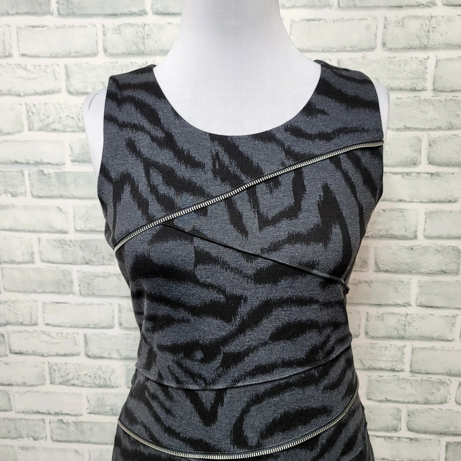 Abito Michael Kors 6 senza maniche stampa zebrata dettaglio cerniera bodycon mini dress