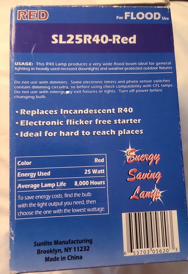 Sunlite 05620-SU 25W R40 Red CFL Light Bulb25 Watt 8K Hours - Image 2 of 3