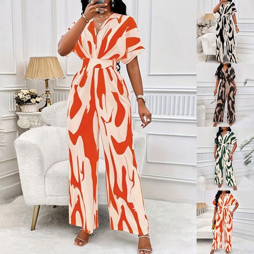Women Short Sleeve V-Neck Summer Jumpsuit Romper Printed Wide Leg Pants Playsuit
