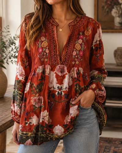 All About Her Women’s Floral Embroidered Tunic Top Sz S Hippie Boho Multicolor