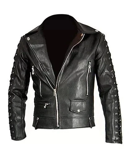 Men's Real Leather Bikers Jacket Full Grain Cowhide Laced Sleeves Bikers Jacket