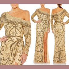 NWT Mac Duggal 16 5639 Embellished One Shoulder Long Sleeve Gown Gold S960