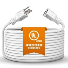 Extension Cord 10 Ft, White, Indoor, Outdoor Power Cord, Heavy Duty 16/3, Sin...