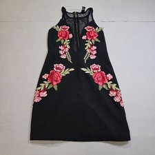 Forever 21 Embroidered Bodycon Mini Dress Womens S Black Floral Sleeveless Sheer