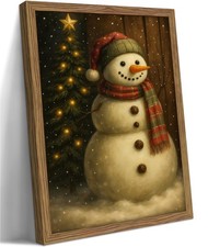 Framed Vintage Christmas Wall Art, Winter Holiday Snowman Canvas Print, Cozy ...
