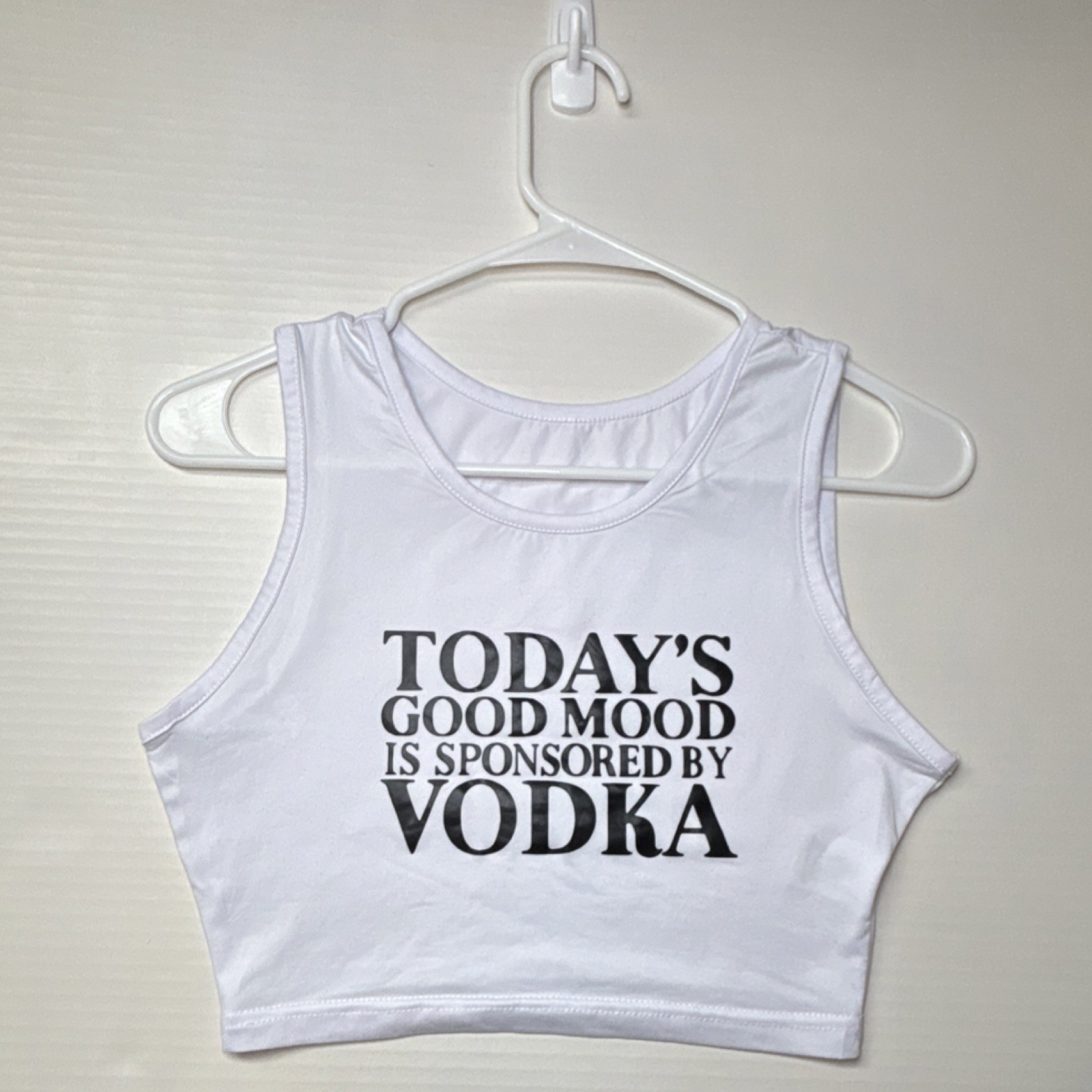 Women's White Cropped Sleeveless Crew Neck Tank Top Funny Graphic Print S