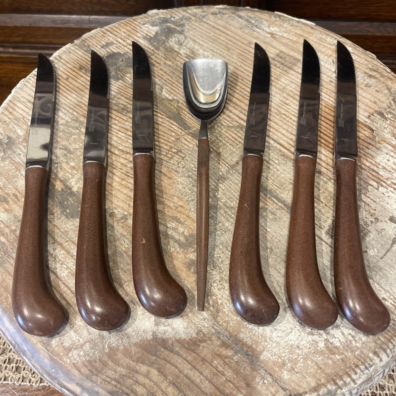 Vintage Ekco Wood Handle Eterna Pistol Grip Steak Knives & Bonbon Spoon Japan