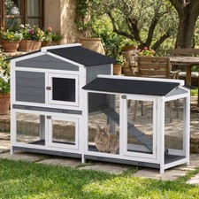 2-Tier Wooden Rabbit Hutch Guinea Pig House Pet Cage Outdoor w/ Tray Ramp Grey