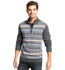 Tommy Hilfiger Fair Isle Cotton Sweater Mens XXL Gray 1/4 Zip Pullover Preppy