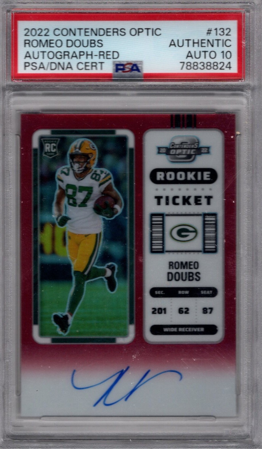 2022 Contenders Optic Red Prizm #132 Romeo Doubs RC Rookie AUTO /149 PSA 10