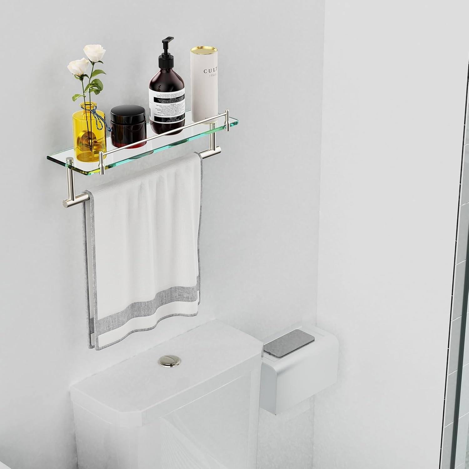 Glass Shelf for Bathroom with Towel Bar,16-Inches Brushed Nickel Floating Glass 