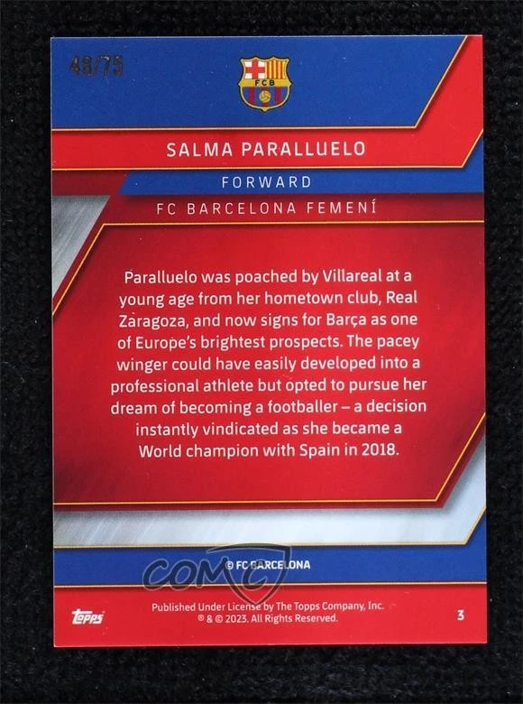 2022 Topps Chrome FC Barcelona Blue Refractor /75 Salma Paralluelo #3 Rookie RC - Image 2 of 2