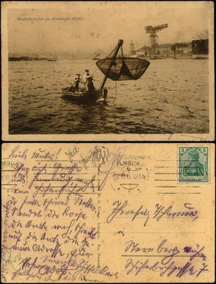 Postcard Hamburg throwing net fishermen in the port of Hamburg 1915