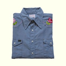 WRANGLER VTG 60s 70s USA EMBROIDERED WESTERN CHAIN STITCH FLOWER PEARL SNAP SZ L