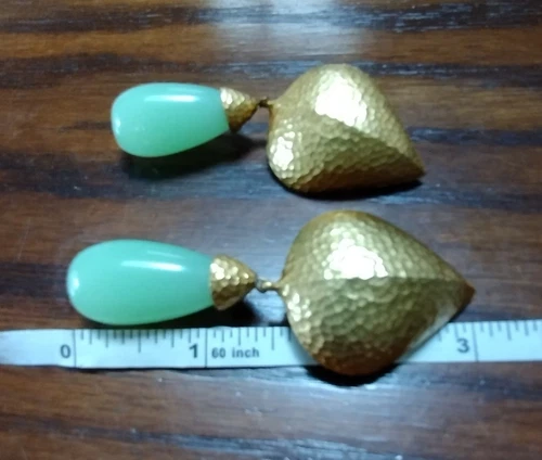 VTG GIVENCHY CLIP ON EARRINGS Hammered GoldTone & Green Jade Massive Signed RARE