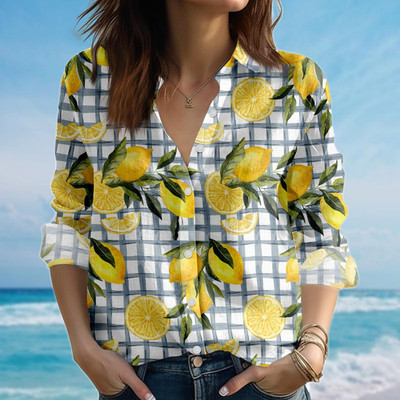 Lemon Plaid Blouse Shirt Yellow Citrus Casual Shirt Fresh Summer
