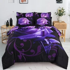 Floral Comforter Set California King 7 Piece Bed in a Bag Purple Rose Flower ...