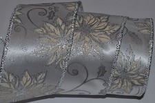 Wired Ribbon Christmas Silver Poinsettia Sparkle Holly 2.5" Holiday Wreath Bow"