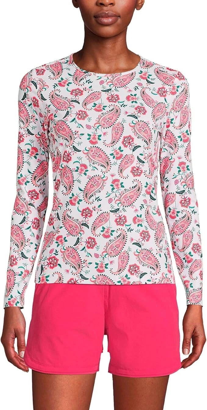 NWT Lands' End Women Long Sleeve UPF50 Rashguard White Paisley Size L $60 FLE227