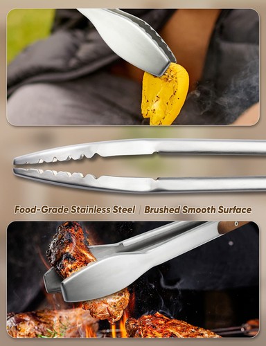 Wood-Handled Grill Tongs, 19.5"/50cm Extra Long BBQ Tongs, Heavy Duty Premium... - Picture 2 of 5
