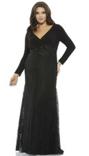 Mac Duggal Black Lace Floral Embroidered Beaded V-Neck Long Sleeve Gown Plus 14W