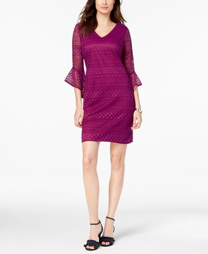 Alfani Womens Bell Sleeve Lace Shift Dress Fuschia 6