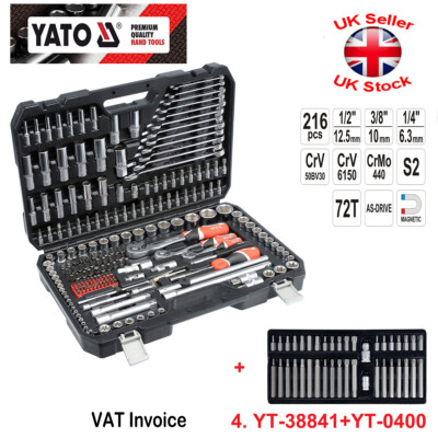 Socket Set 1/2 1/4 3/8 Ratchet Yato 216 pcs  + Bit Set 40 pcs YT-38841 + YT-0400