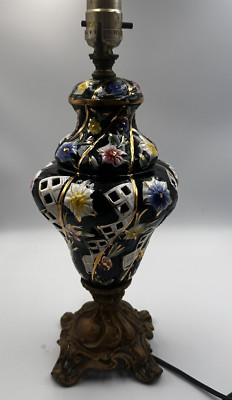 Black Pottery Capodimonte Style Floral Lamp Metal Base Loevsky & Loevsky #8033