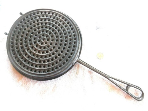 Antique 10" D, perforated tin & iron griller embossed "PAT. AUG. 12. 79" (1879) 