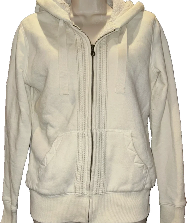 OFF WHITE Felpa con cappuccio Eddie Bauer donna XS panna full zip ricamata foderata sherpa