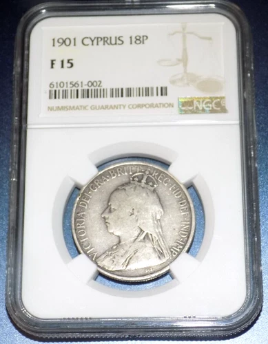 CYPRUS 1901 18 Piastres Silver NGC F15 Queen Victoria British Colonial Coin