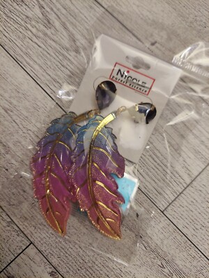 Feather / Leaf fancy Earrings plastic blue pink purple  gradient ombre tropical
