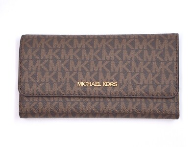 New Michael Kors JET SET Black Brown Vanilla Large TriFold PVC