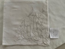 16" white on white floral handkerchief hankie LINEN VINT hand embroidered line