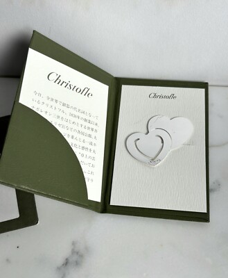 CHRISTOFLE PARIS VINTAGE DOUBLE HEART SILVERPLATE BOOKMARK SIGNED ORIGINAL PACK.