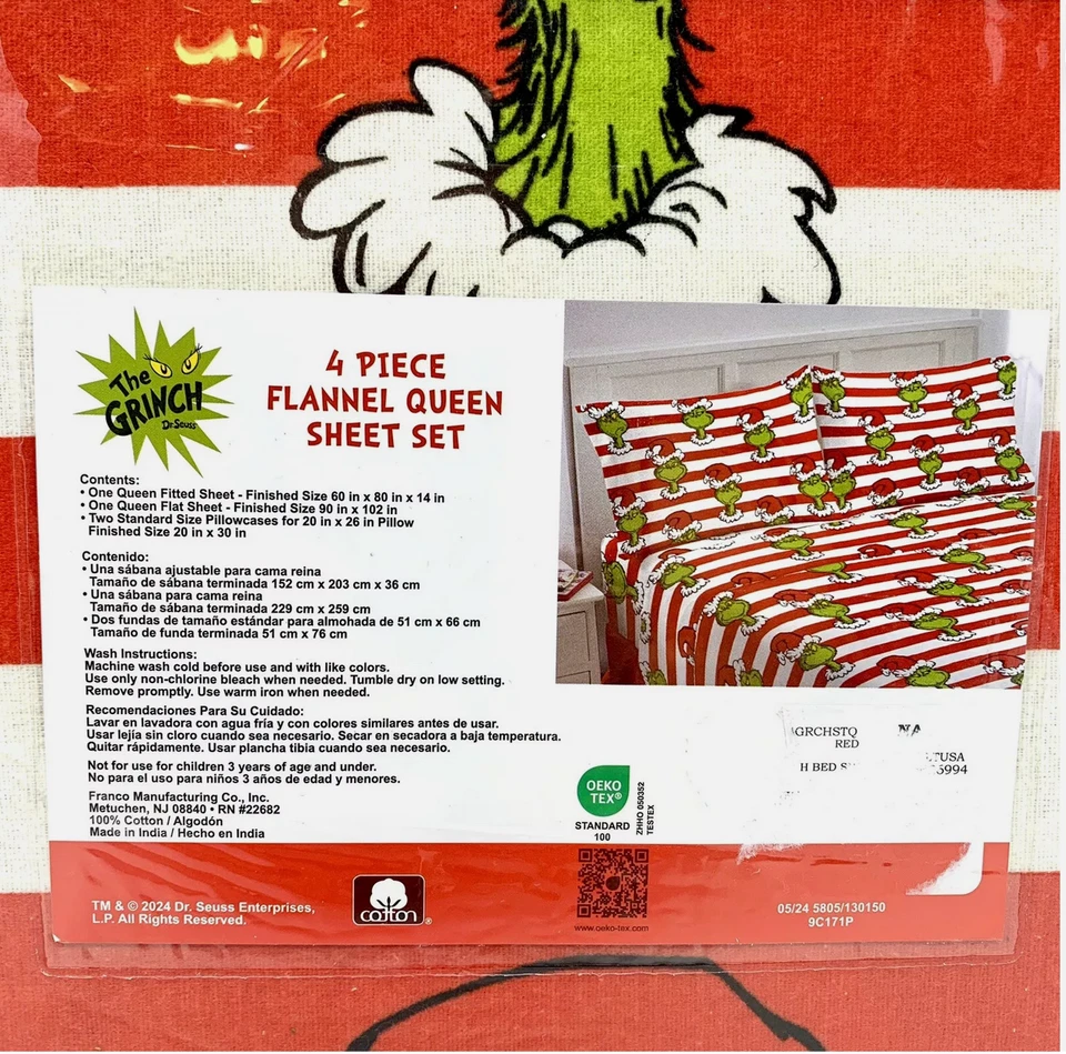 Dr Seuss THE GRINCH Queen Size Cotton Flannel Sheet Set  Christmas (cozy & warm) - Image 2 of 4